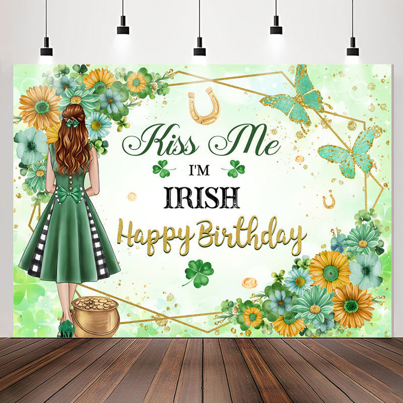 Lofaris Kiss Me Im Irish Floral Green Girl Birthday Backdrop