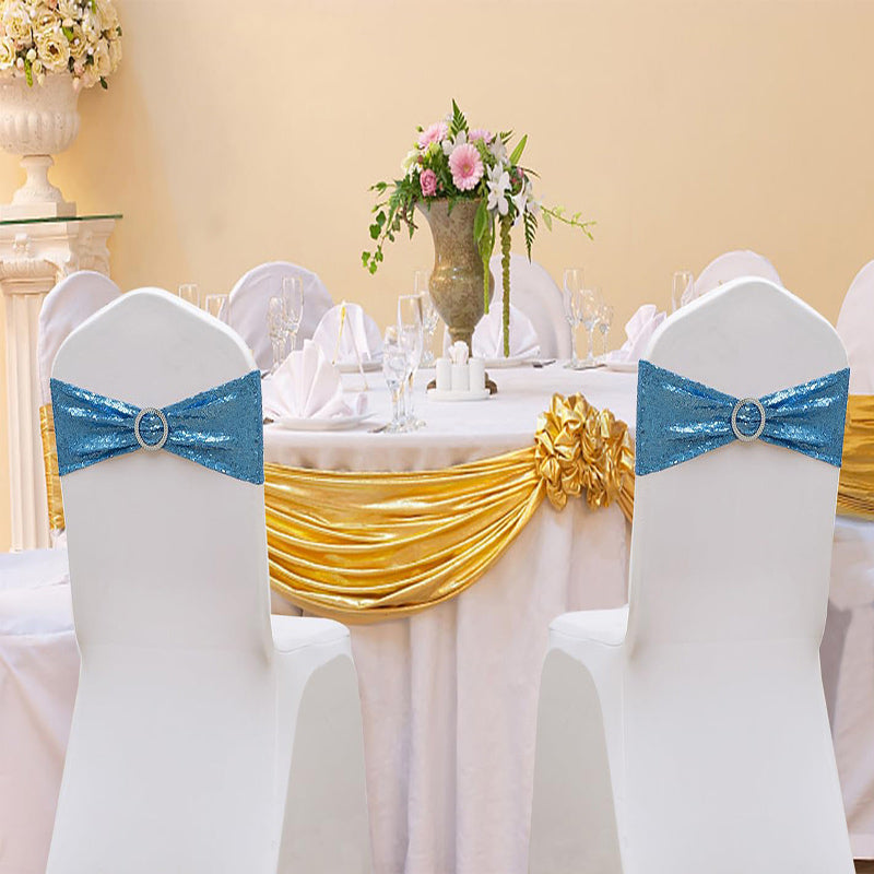 Lofaris Lake Blue Sequin Buckles Banquet Chair Sash Band Bows