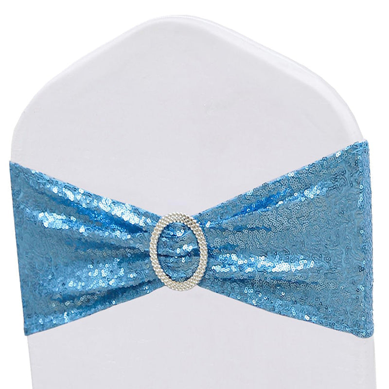Lofaris Lake Blue Sequin Buckles Banquet Chair Sash Band Bows