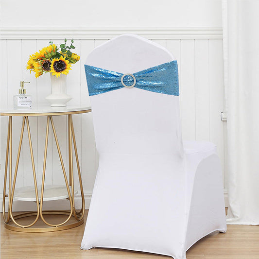 Lofaris Lake Blue Sequin Buckles Banquet Chair Sash Band Bows