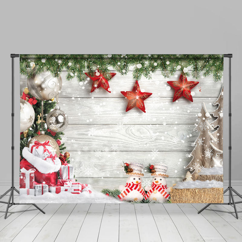 Lofaris Leaves Stars Snowflake White Wood Christmas Backdrop
