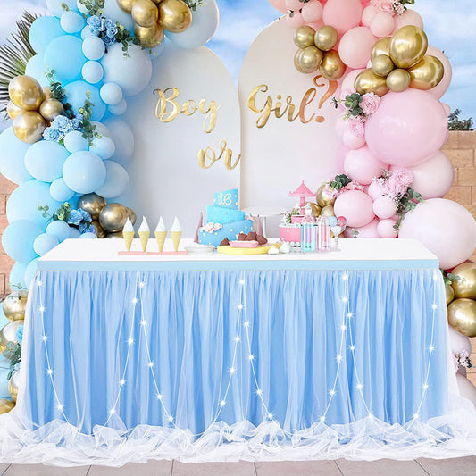 Lofaris LED Lights Blue Tulle Banquet Table Skirt Tablecloth