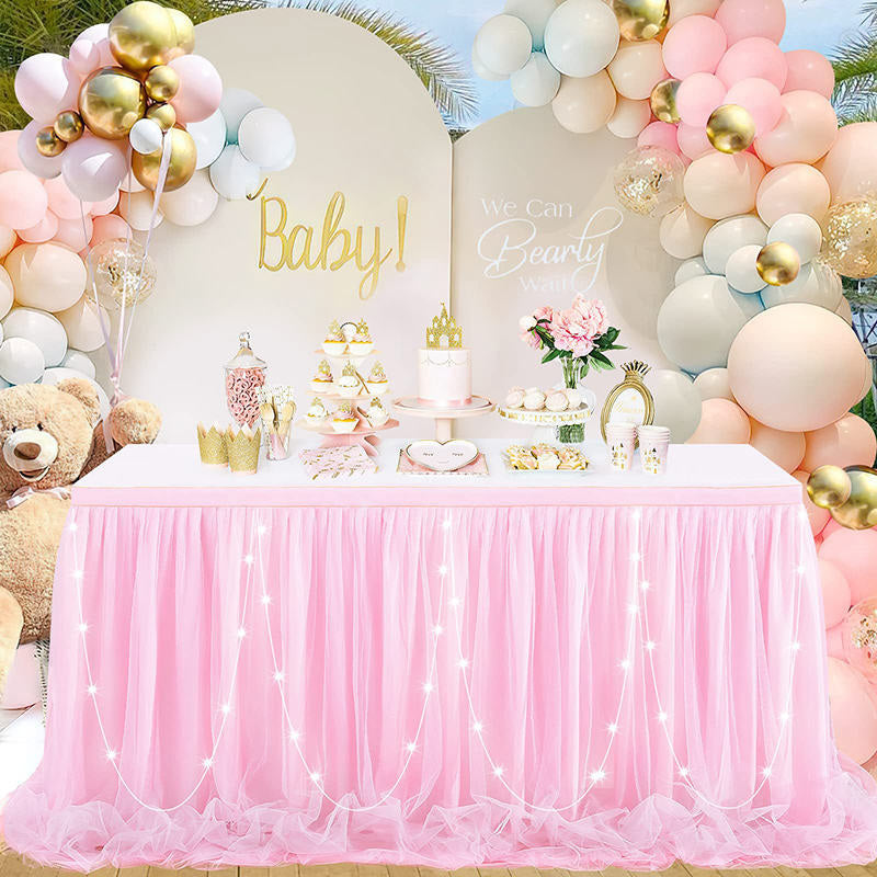 Lofaris LED Lights Pink Tulle Banquet Table Skirt Tablecloth