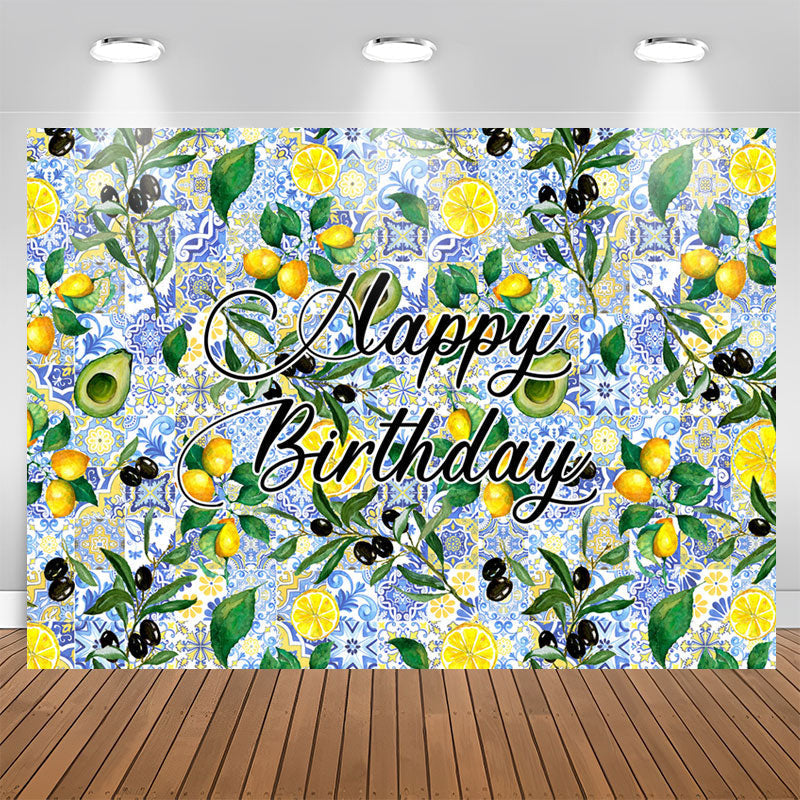 Lofaris Lemon Avocado Blue Delicate Pattern Birthday Backdrop