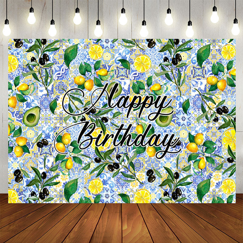 Lofaris Lemon Avocado Blue Delicate Pattern Birthday Backdrop