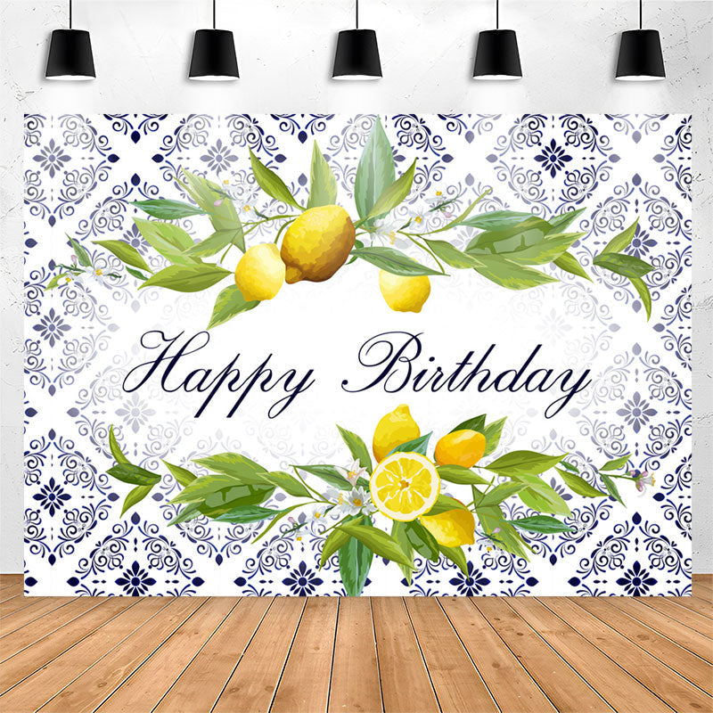 Lofaris Lemons Indigo Vine Pattern Happy Birthday Backdrop
