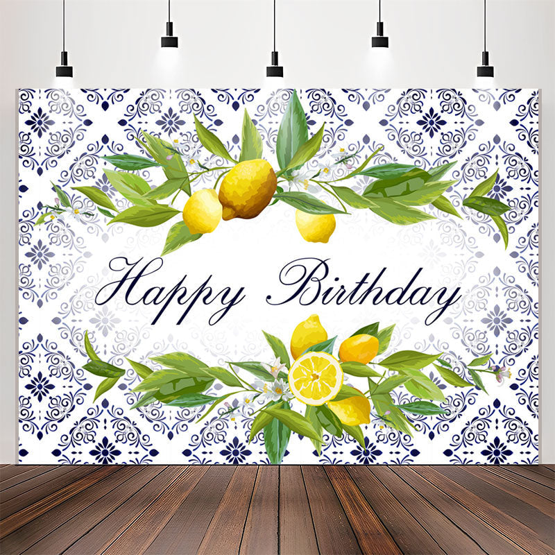 Lofaris Lemons Indigo Vine Pattern Happy Birthday Backdrop