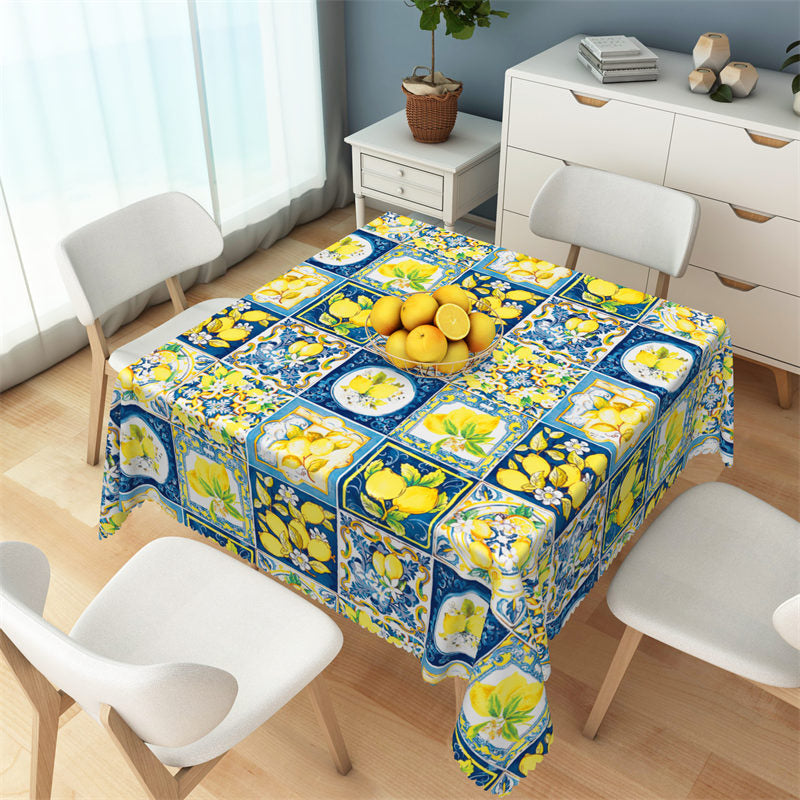 Lofaris Lemons Prints Yellow Blue Plaid Square Tablecloth
