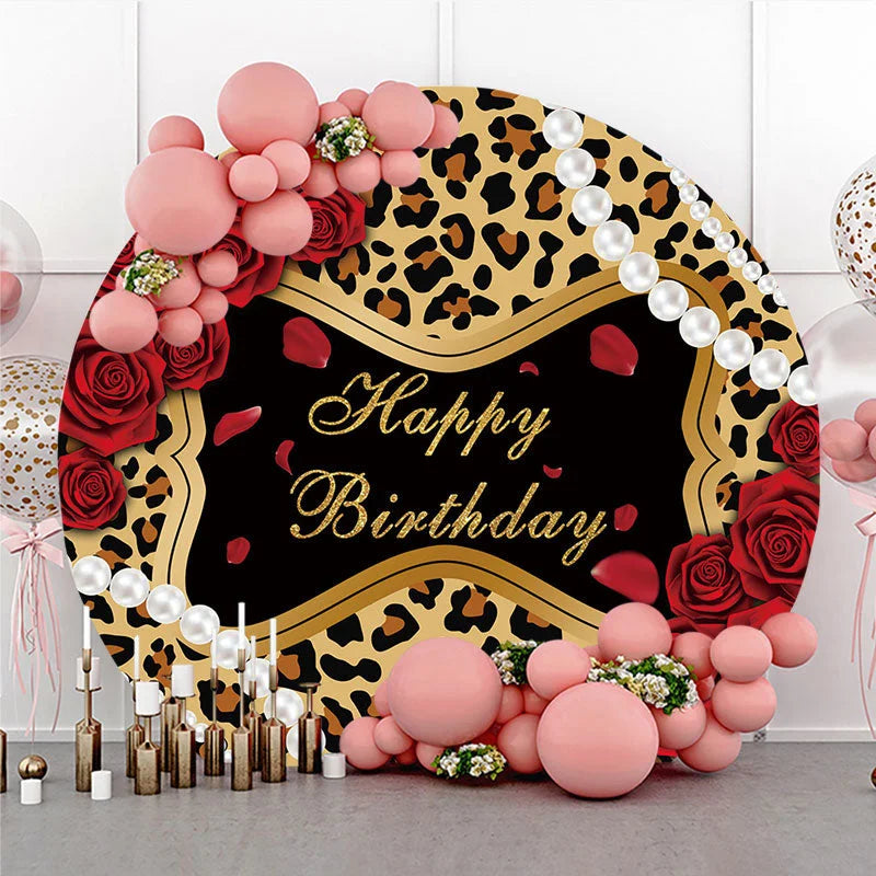 Lofaris Leopard Floral Pearl Circle Happy Birthday Backdrop