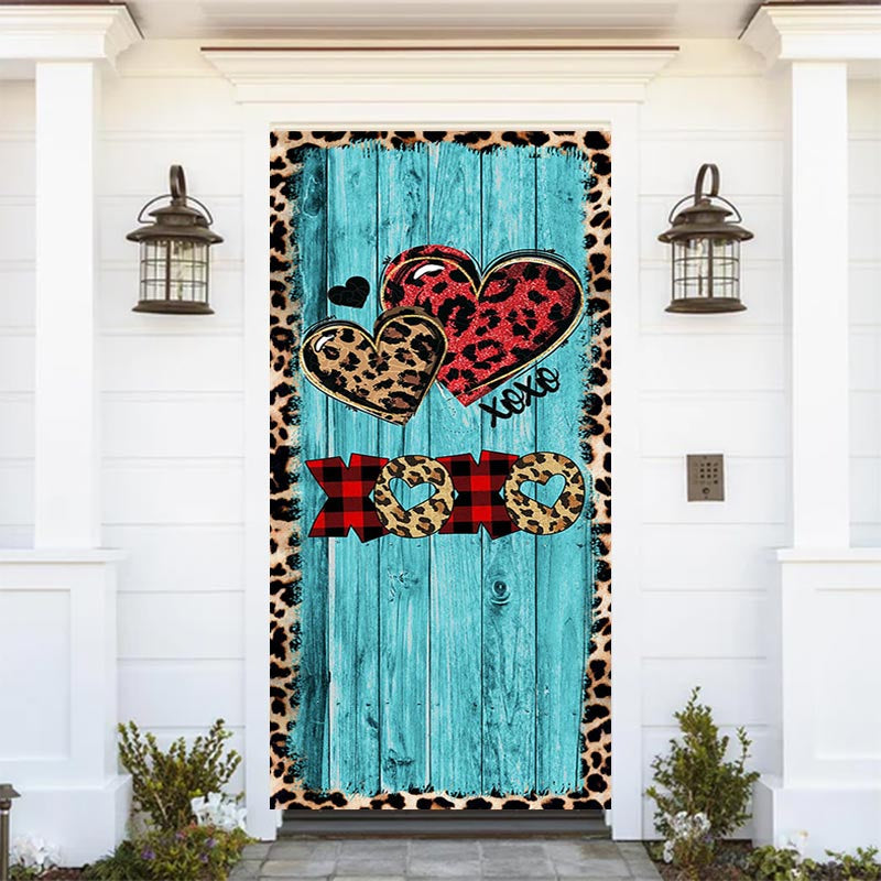 Lofaris Leopard Hearts Blue Wood Valentines Day Door Cover