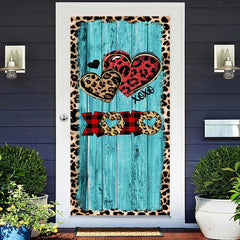Lofaris Leopard Hearts Blue Wood Valentines Day Door Cover