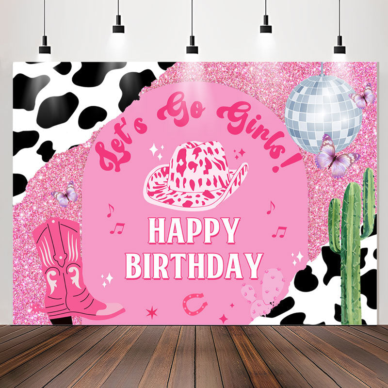 Lofaris Lets Go Girls Pink Cowgirl Happy Birthday Backdrop