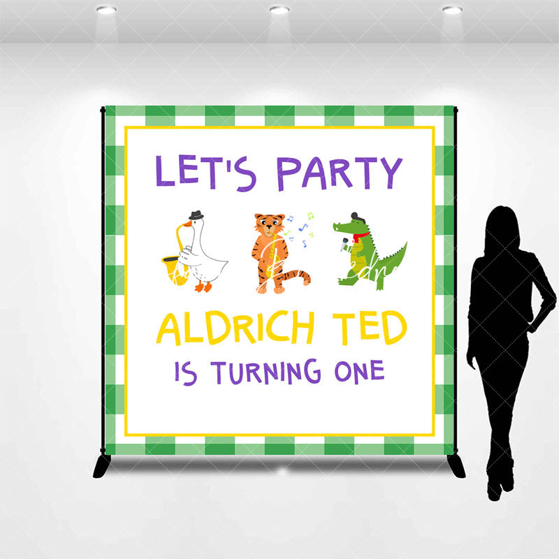 Lofaris Lets Party Green White Plaid Custom Birthday Backdrop