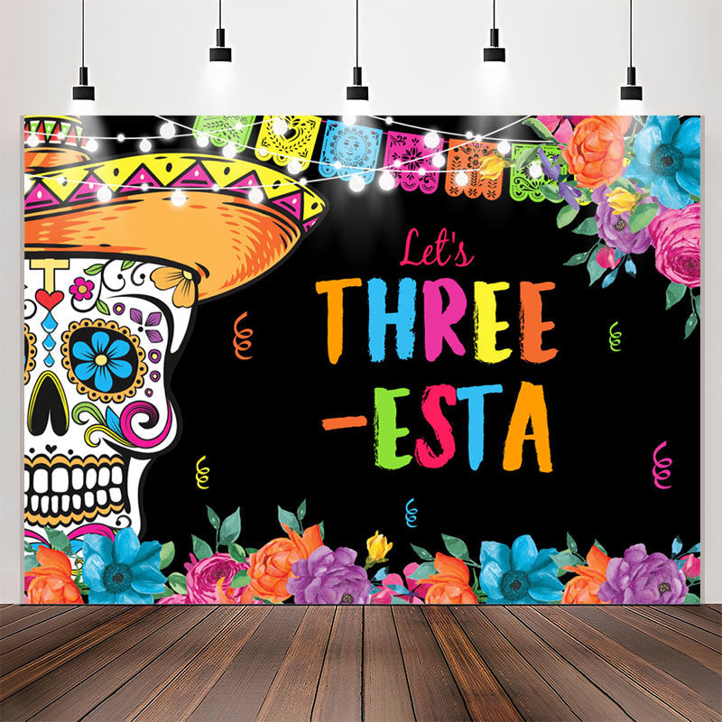 Lofaris Lets Three Floral Fiesta Kids 3rd Birthday Backdrop