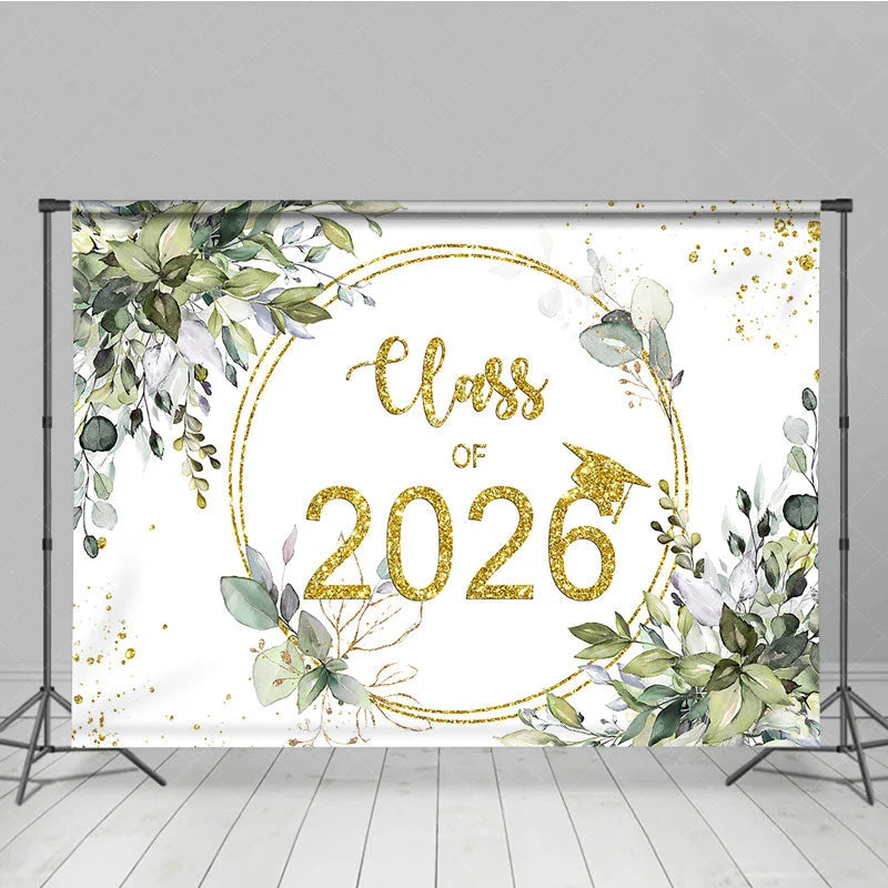 Lofaris Light Green Leaves And Gold Glitter 2026 Grad Backdrop