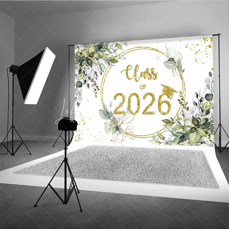 Lofaris Light Green Leaves And Gold Glitter 2026 Grad Backdrop