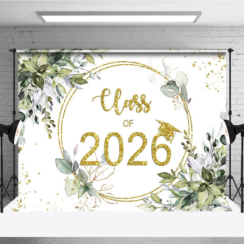 Lofaris Light Green Leaves And Gold Glitter 2026 Grad Backdrop