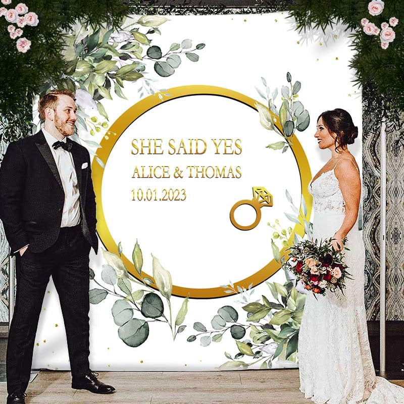 Lofaris Light Green Leaves Gold She Said Yes Wedding Backdrop