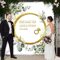 Lofaris Light Green Leaves Gold She Said Yes Wedding Backdrop