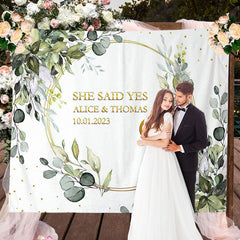 Lofaris Light Green Leaves Gold She Said Yes Wedding Backdrop