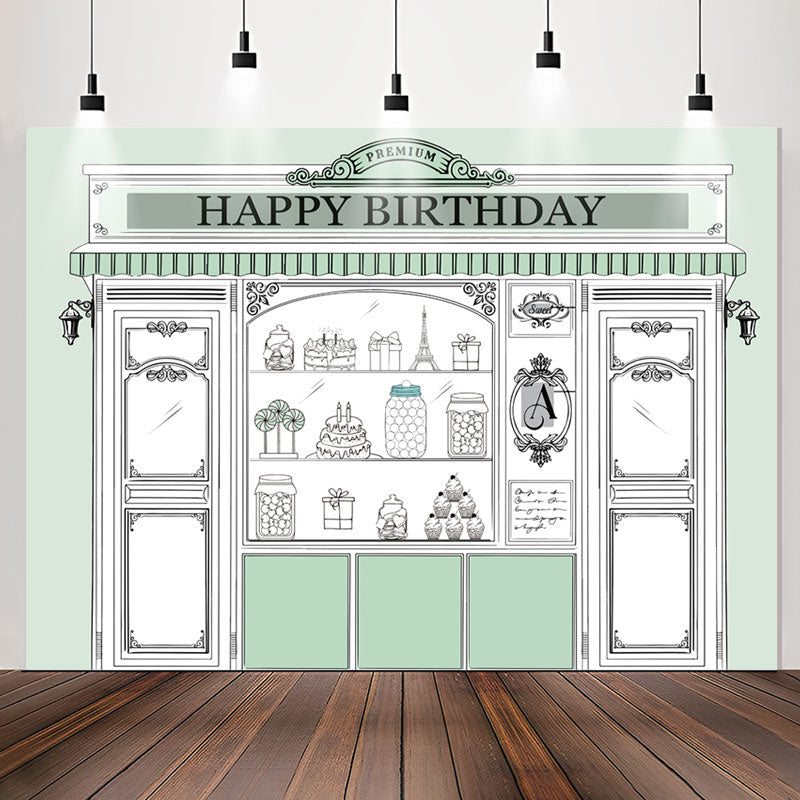 Lofaris Light Green Store Shopwindow Happy Birthday Backdrop