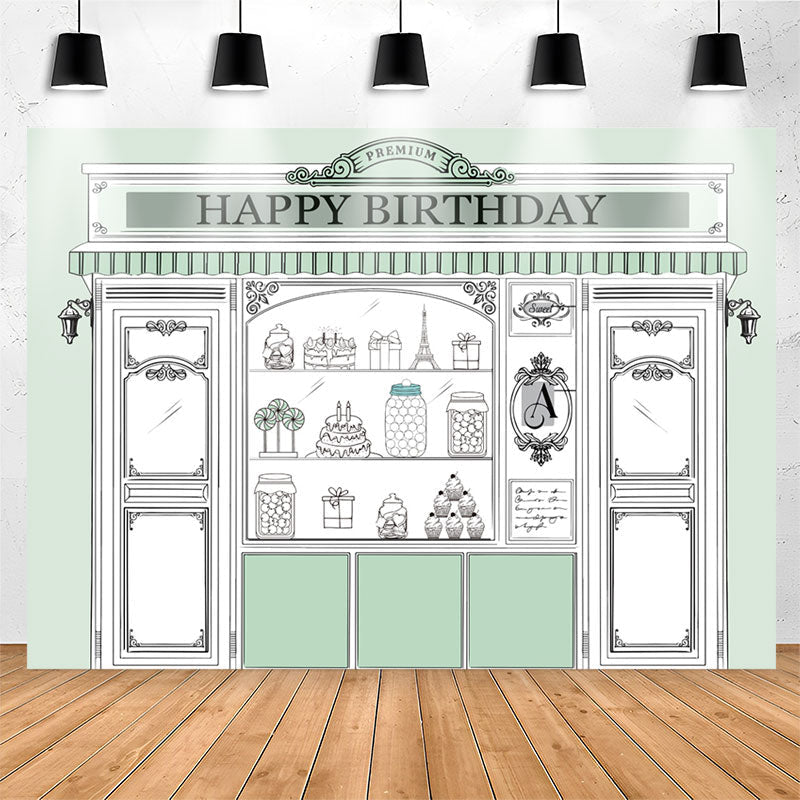 Lofaris Light Green Store Shopwindow Happy Birthday Backdrop