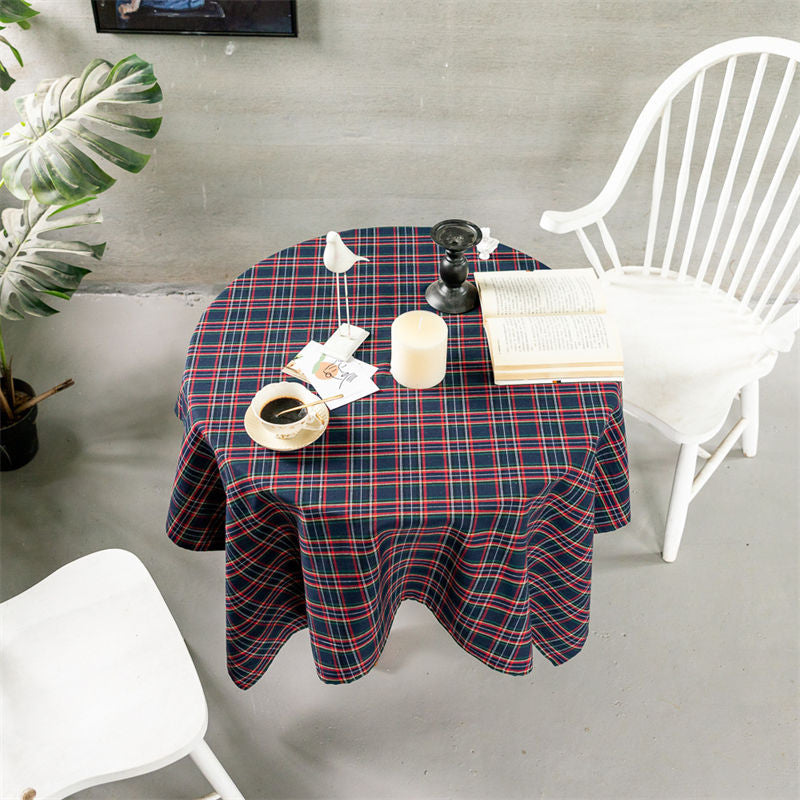 Lofaris Lines Navy Plaid Checked Round Tablecloth For Decor