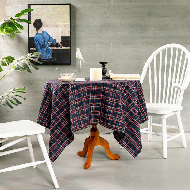 Lofaris Lines Navy Plaid Checked Round Tablecloth For Decor