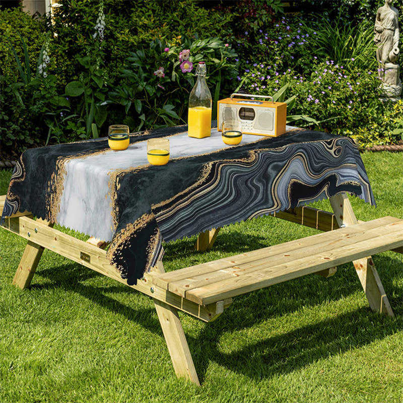 Lofaris Liquid Marble Black Grey Gold Rectangle Tablecloth
