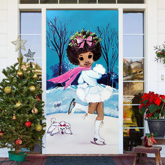 Lofaris Little Girl Skating Snowfield Christmas Door Cover