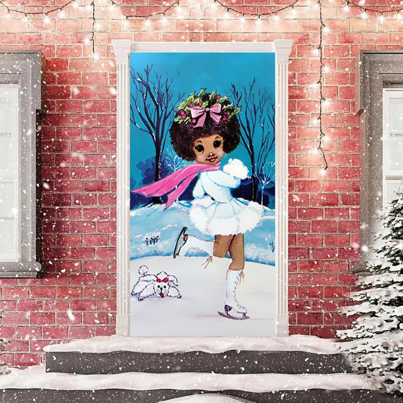 Lofaris Little Girl Skating Snowfield Christmas Door Cover