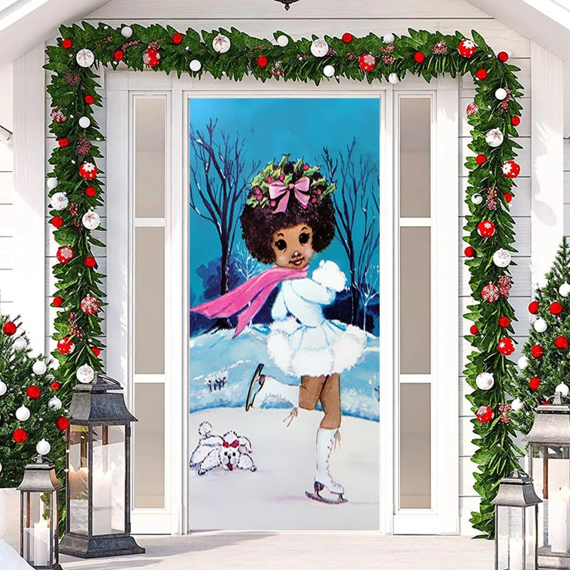 Lofaris Little Girl Skating Snowfield Christmas Door Cover