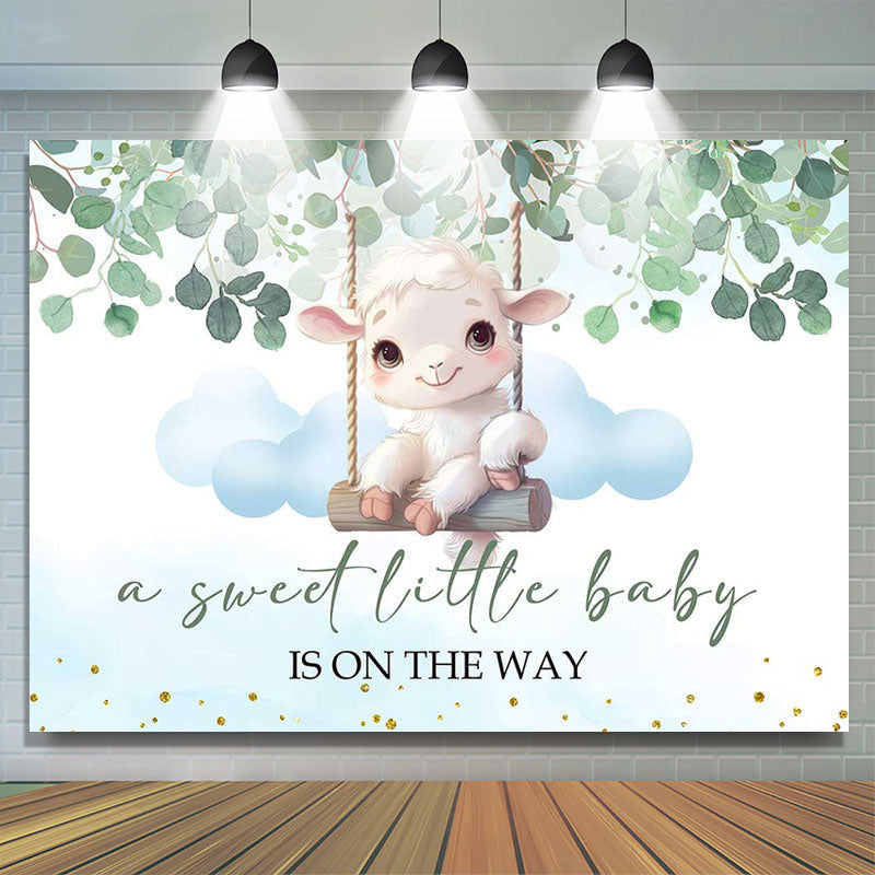 Lofaris Little Lamb Greenery Blue White Baby Shower Backdrop