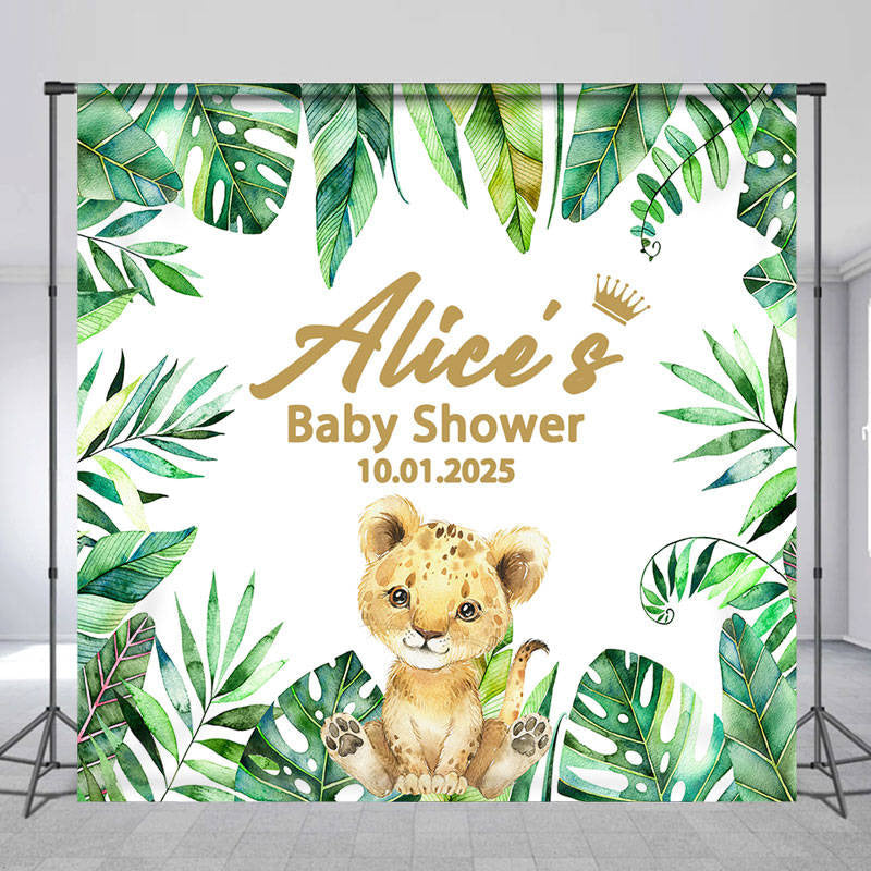 Lofaris Little Lion Green Leaves Custom Baby Shower Backdrop