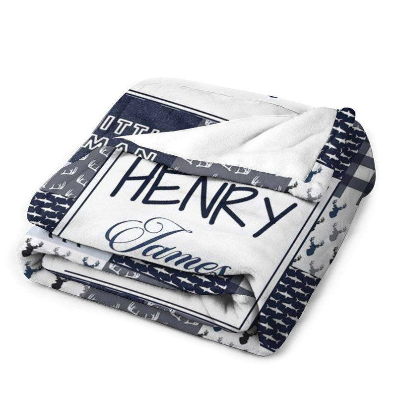 Lofaris Little Man Indigo Deer Plaid Custom Name Blanket