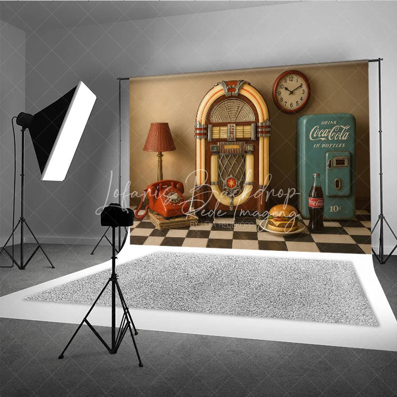 Lofaris 1950s Retro Diner Photography Backdrop Jukebox and Vintage Soda Machine Photo Background