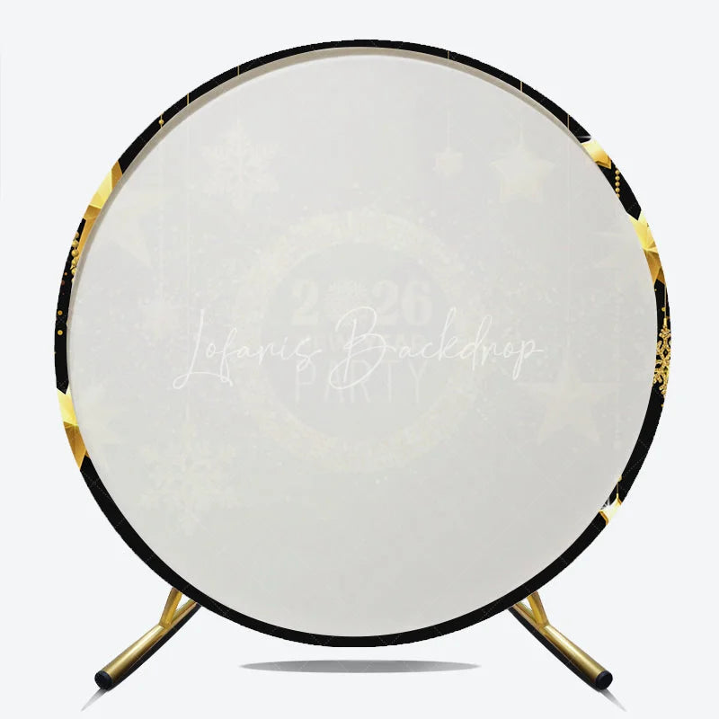 Lofaris 2026 New Year Party Round Backdrop Black and Gold with Hanging Stars Glitter Snowflakes Holiday Decor
