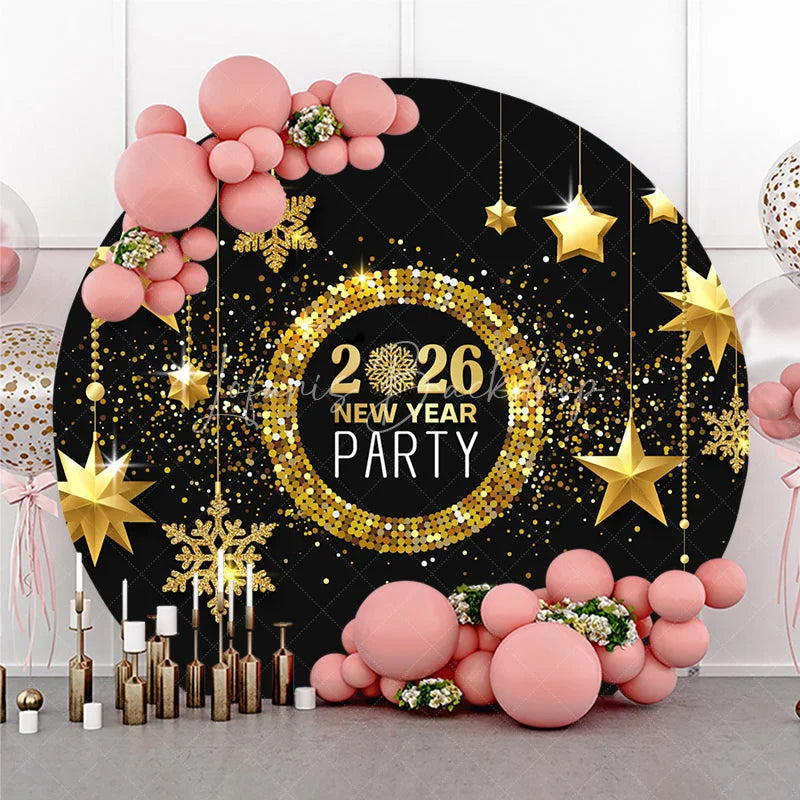 Lofaris 2026 New Year Party Round Backdrop Black and Gold with Hanging Stars Glitter Snowflakes Holiday Decor