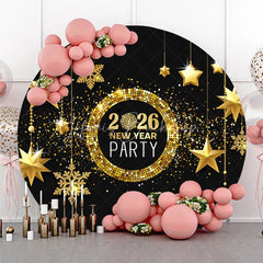 Lofaris 2026 New Year Party Round Backdrop Black and Gold with Hanging Stars Glitter Snowflakes Holiday Decor