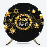Lofaris 2026 New Year Party Round Backdrop Black and Gold with Hanging Stars Glitter Snowflakes Holiday Decor