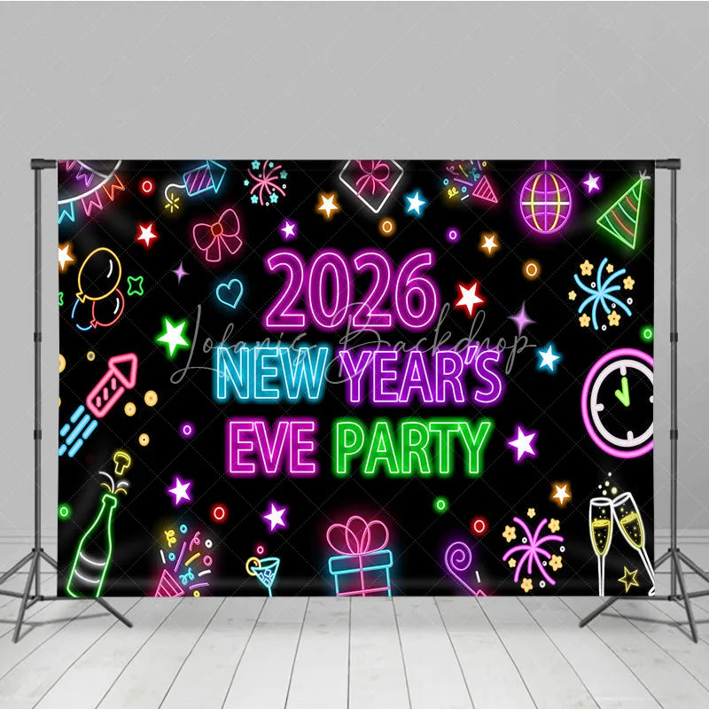 Lofaris 2026 New Year’s Eve Party Backdrop Colorful Neon Signs for Glow in the Dark Retro 80s Disco NYE Decor