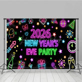 Lofaris 2026 New Year’s Eve Party Backdrop Colorful Neon Signs for Glow in the Dark Retro 80s Disco NYE Decor