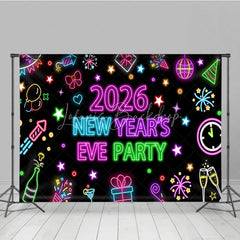 Lofaris 2026 New Year’s Eve Party Backdrop Colorful Neon Signs for Glow in the Dark Retro 80s Disco NYE Decor