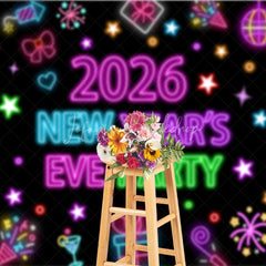 Lofaris 2026 New Year’s Eve Party Backdrop Colorful Neon Signs for Glow in the Dark Retro 80s Disco NYE Decor