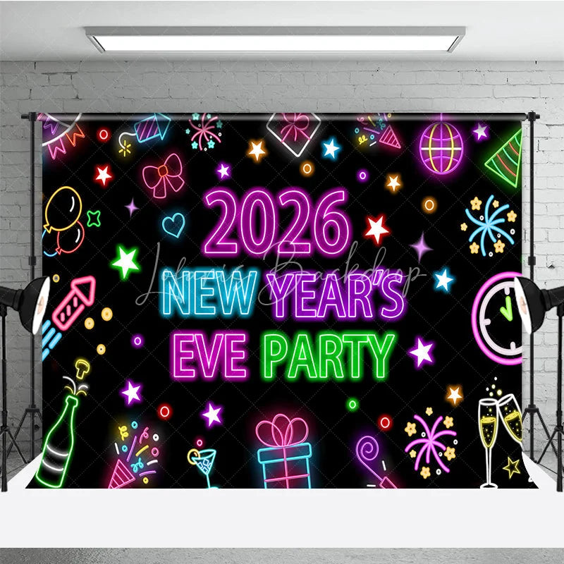 Lofaris 2026 New Year’s Eve Party Backdrop Colorful Neon Signs for Glow in the Dark Retro 80s Disco NYE Decor