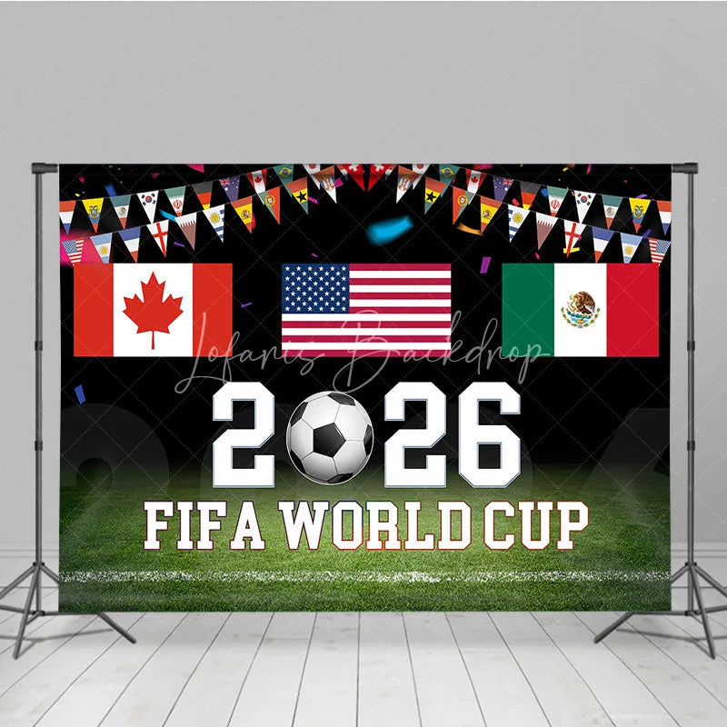 Lofaris 2026 Soccer Championship Holiday Backdrop with USA Canada Mexico Flags and International Bunting for Sports Party Celebration