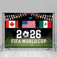 Lofaris 2026 Soccer Championship Holiday Backdrop with USA Canada Mexico Flags and International Bunting for Sports Party Celebration