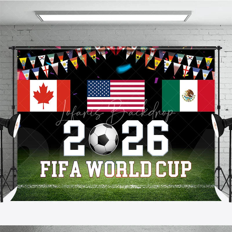 Lofaris 2026 Soccer Championship Holiday Backdrop with USA Canada Mexico Flags and International Bunting for Sports Party Celebration