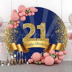 Lofaris 21st Happy Birthday Round Backdrop Gold Glitter Number 21 on Navy Blue Background Cheers to Years Party Decor