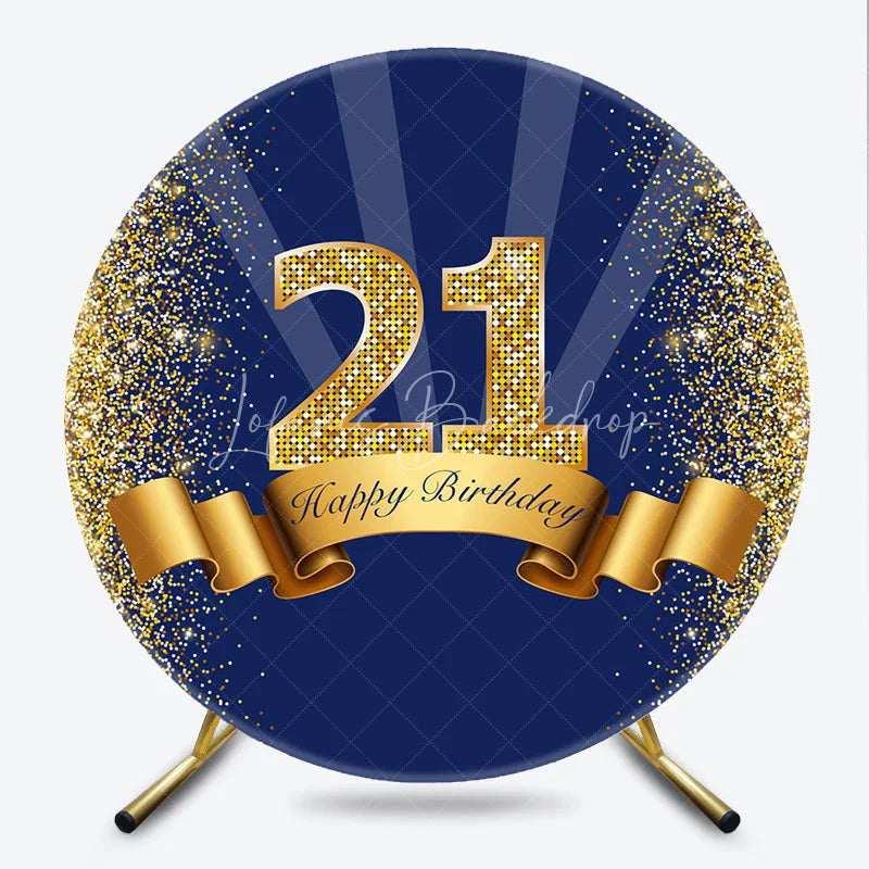 Lofaris 21st Happy Birthday Round Backdrop Gold Glitter Number 21 on Navy Blue Background Cheers to Years Party Decor